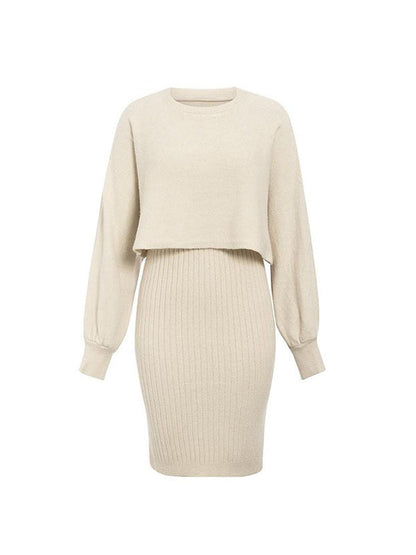 Long Sleeves Solid Color Round-Neck Sweater Top + Inner Dress Two Pieces Set