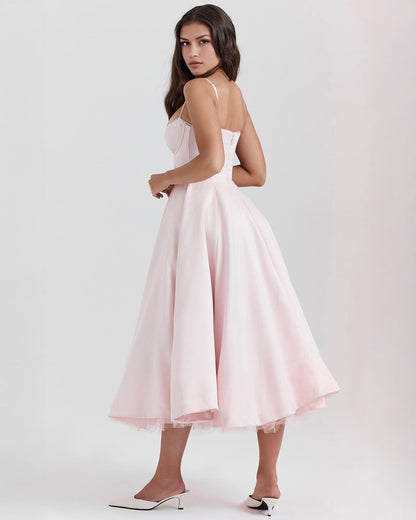 Bustier Spaghetti Strap Lace Trim Pleated Fit and Flare Midi Dress