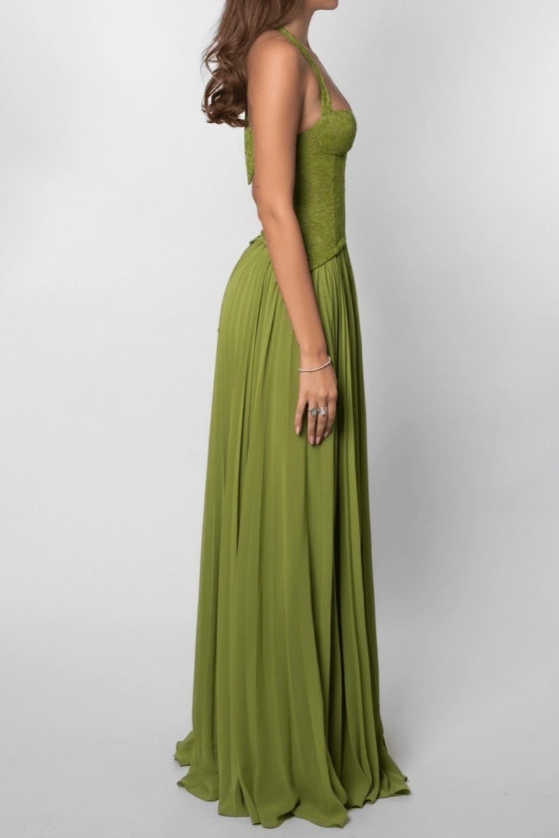 Lace Halter Plunging Sweetheart Accordion Pleat Chiffon Maxi Gown