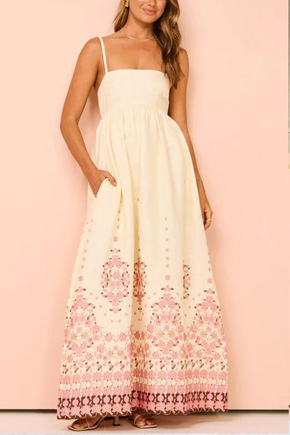 Linen Blend Floral Border Print Spaghetti Strap Empire Waist Maxi Dress