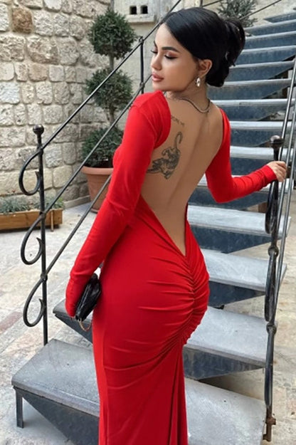 Backless Long Sleeve Ruched Mermaid Formal Gown