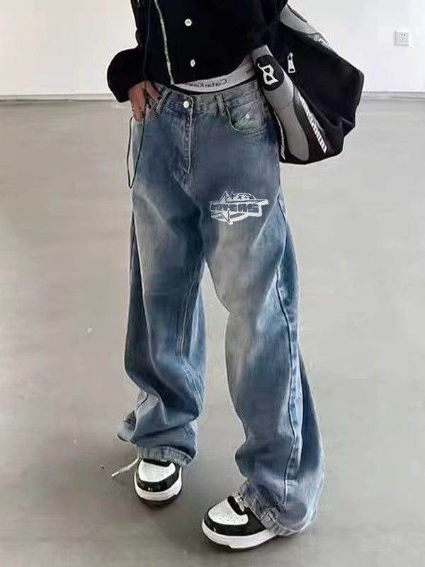 Washed Print Mopping Boyfriend Jeans