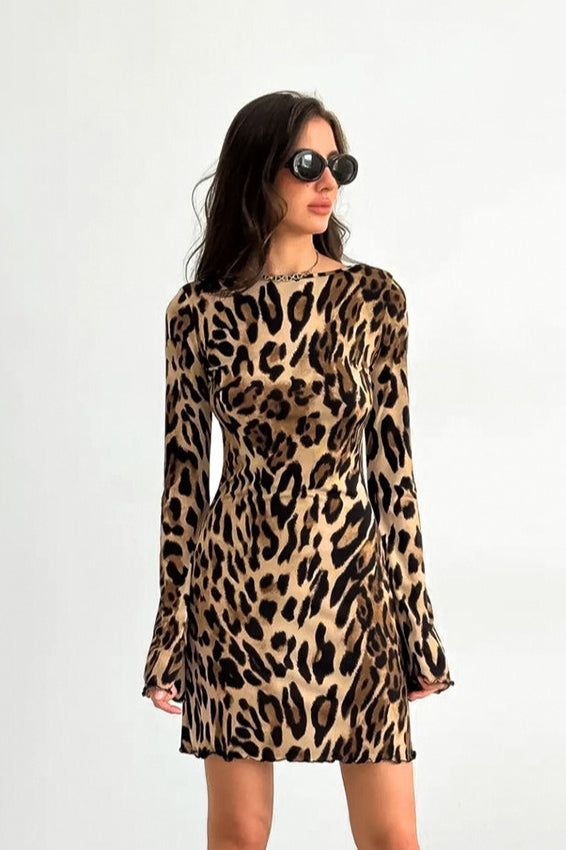 Print Crew Neck Long Sleeve Lettuce Hem Mini Dress