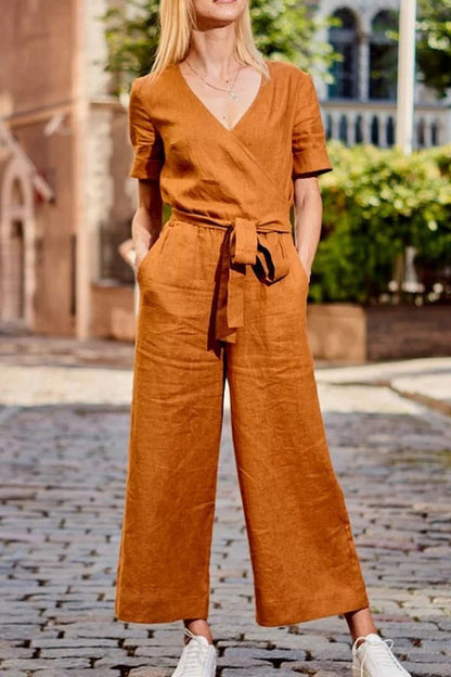 SHORT SLEEVE SOLID COLOR LACE-UP V NECK SOFT ROMPER JUMPSUIT