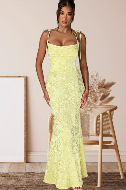 Tie-Shoulder Jacquard Floral Mermaid Maxi Formal Gown