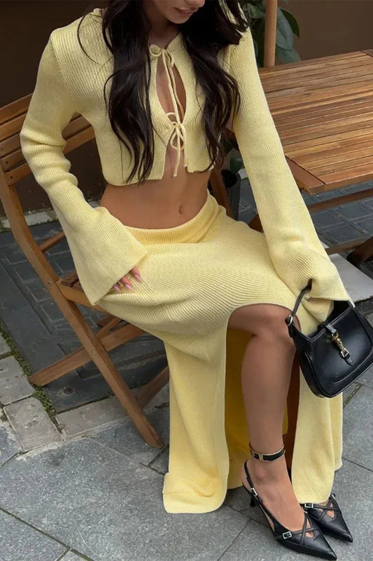 Knit Tie-Up Bell Long Sleeve Top And Side Split Skirt Set