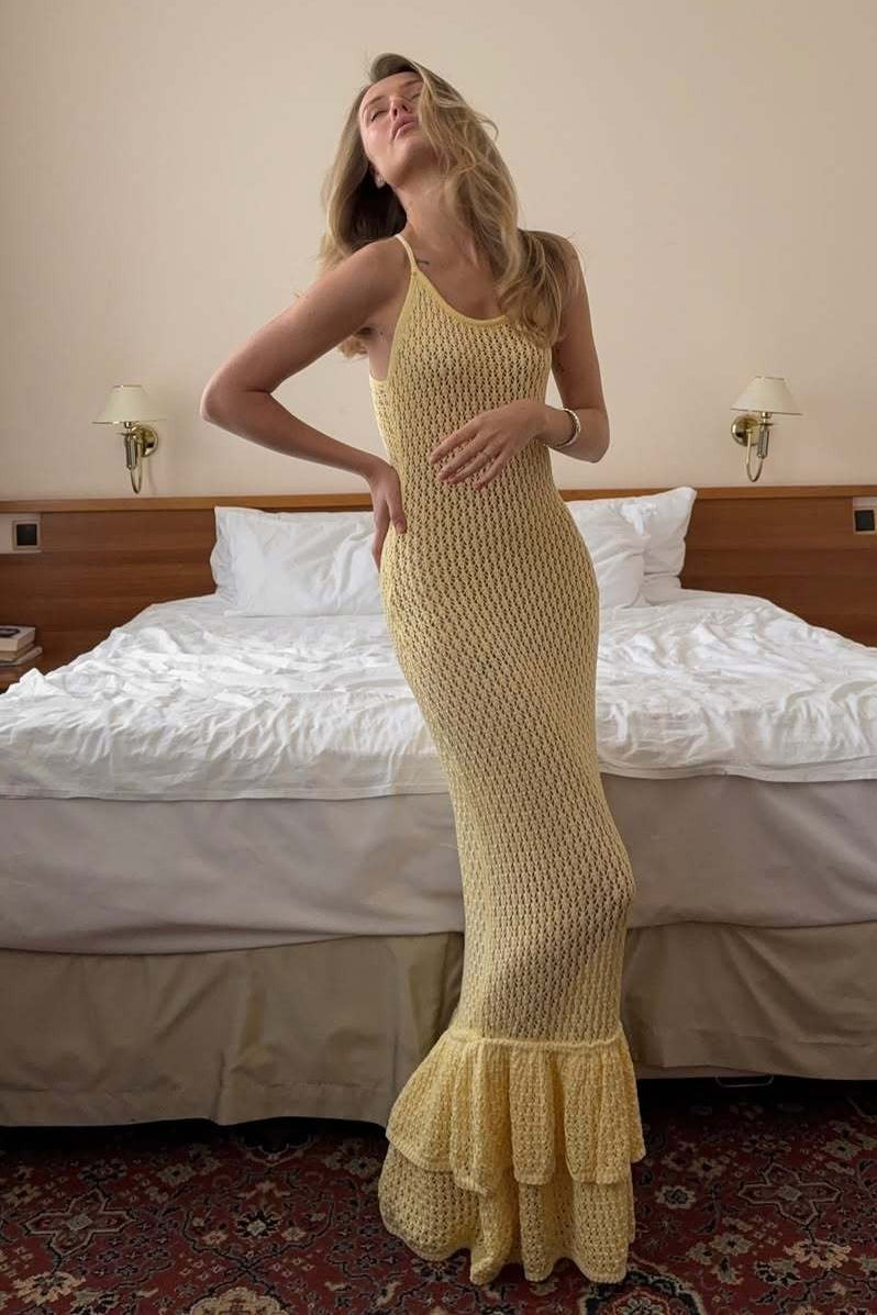 | Ruffle Knit Cutout Sheer Cami Maxi Dress