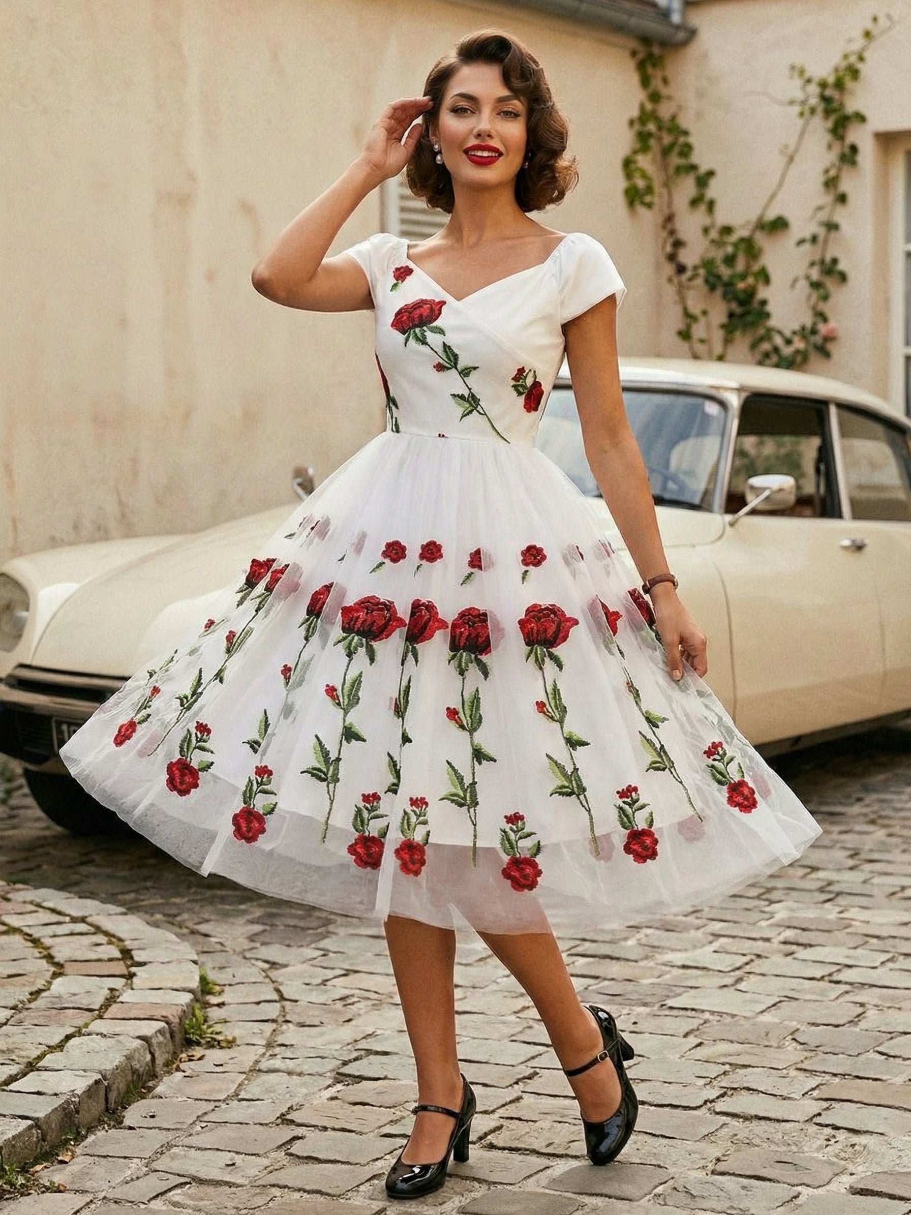 Rose Embroidered Vintage Midi Swing Dress for Women - 1950s Off Shoulder Style A-Line - Summer Tea Party 2026