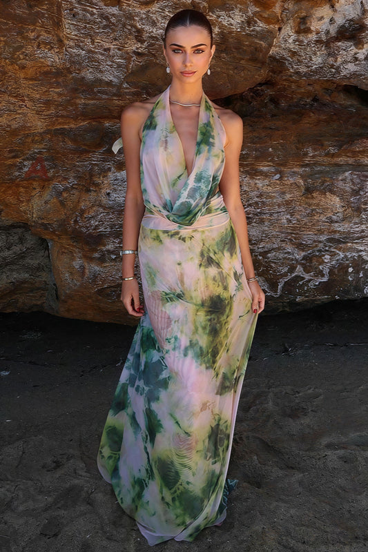 | Watercolor Print Deep V Cowl Neck Backless Maxi Dress