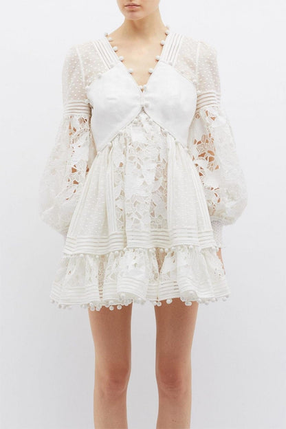 Lantern Sleeve V-Neck Lace Mini Dress White