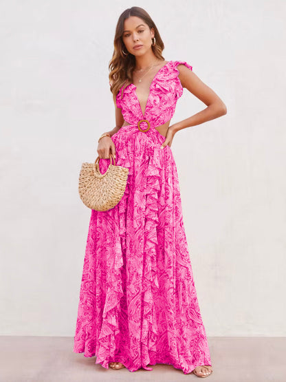 Floral Maxi Dresses Layered Ruffles V-Neck Sleeveless Backless Front Slit Sexy Summer Long Dresses