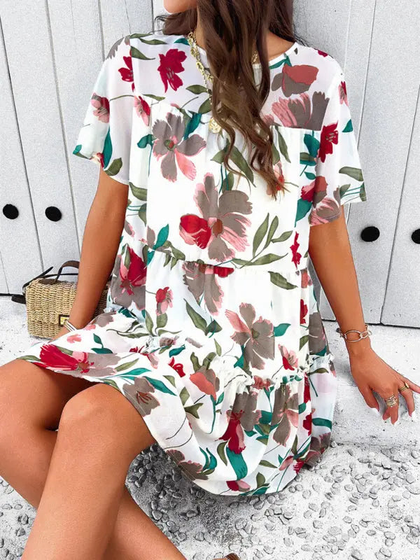 Botanical print short-sleeved tiered mini dress