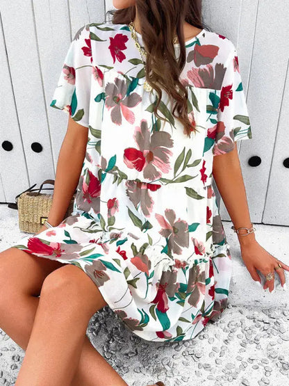 Botanical print short-sleeved tiered mini dress