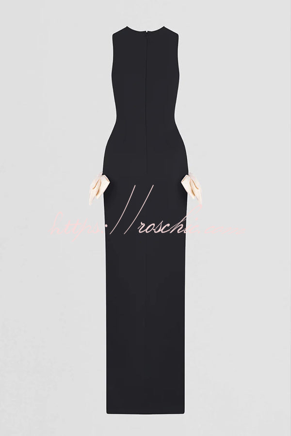 Sexy Sleeveless Round Neck Bow Detail Slim Fit Slit Maxi Dress
