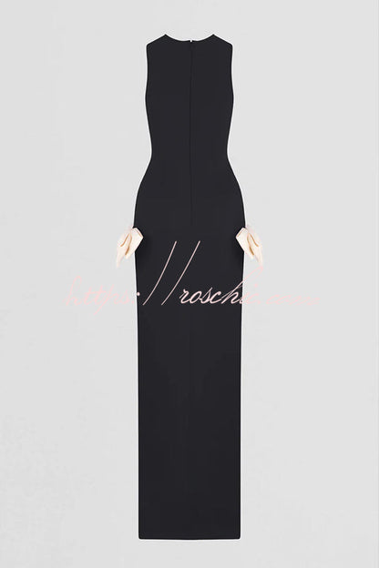 Sexy Sleeveless Round Neck Bow Detail Slim Fit Slit Maxi Dress