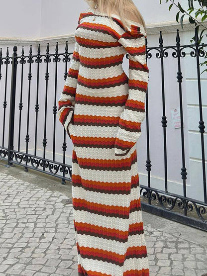 Long Sleeves Loose Backless Split-Joint Striped Round-Neck Maxi Dresses Sweater Dresses