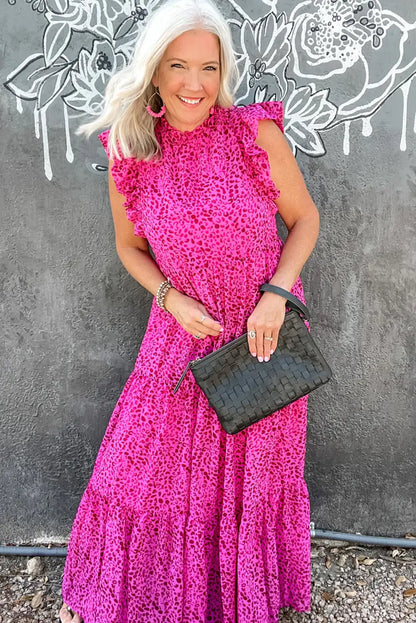 rose red leopard ruffle maxi dress