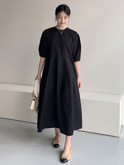 Casual Round-Neck Bishop Sleeve Loose Solid Color Midi Dress