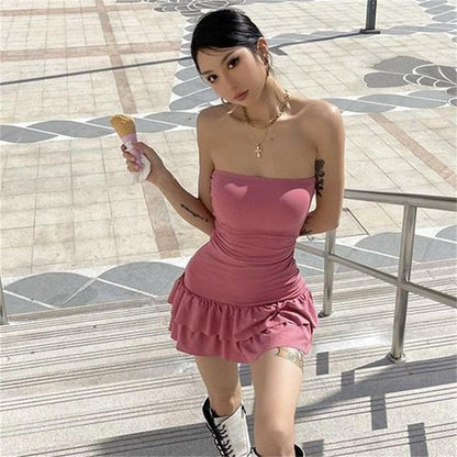 Summer Sexy Mini Dress Women Sleeveless Streetwear Backless Pleated Bodycon Black Dress Party Strapless A-LINE Dresses
