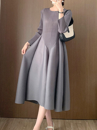 A-Line Loose Pleated Solid Color Split-Joint Round-Neck Midi Dresses