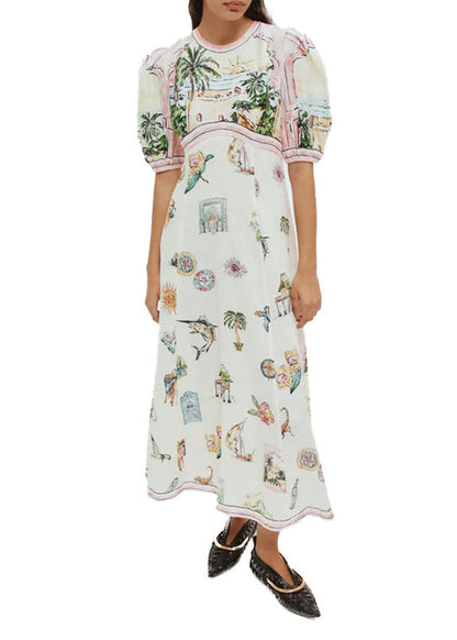 Fashion White O-Neck Puff Sleeve Print Maxi Dresses