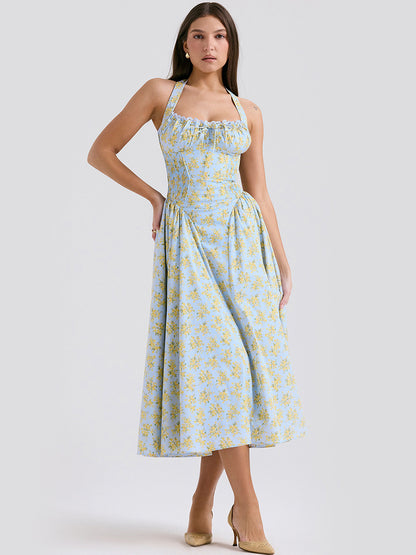 Corset Dress Floral Halter Lace Up Front Pleated Eyelet Trim Party Midi Dresses