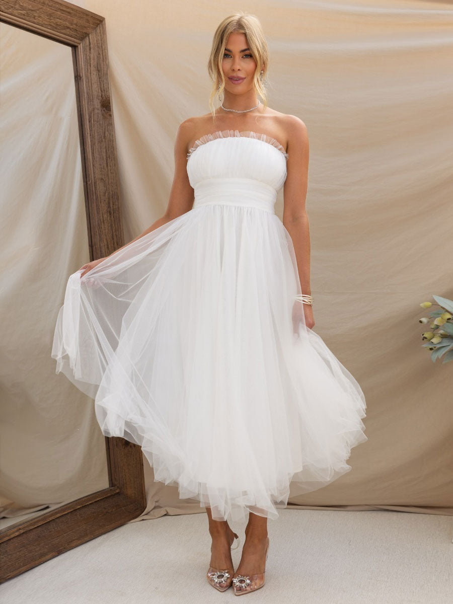 Tulle Dresses Strapless Pleated Off The Shoulder Layered Prom Midi Dress