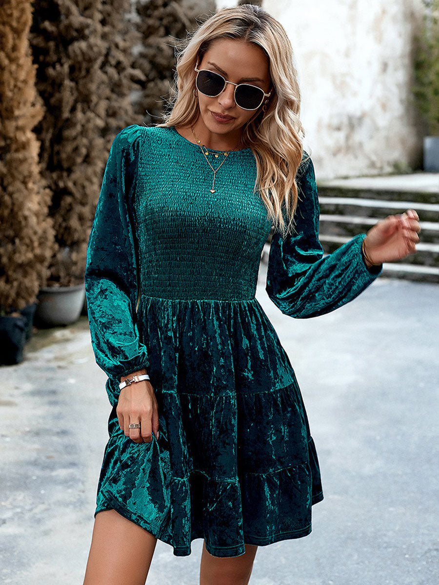 Mini Dresses Velvet Black Long Sleeves Pleated Velour Jewel Neck Dress