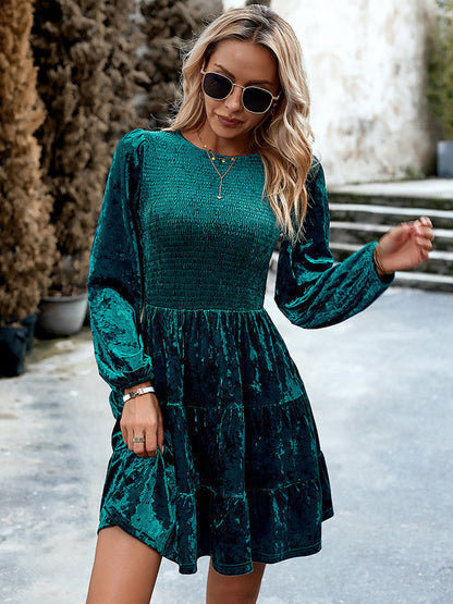 Mini Dresses Velvet Black Long Sleeves Pleated Velour Jewel Neck Dress