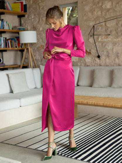 Ximena Satin Long Sleeve Midi Dress - Fuchsia