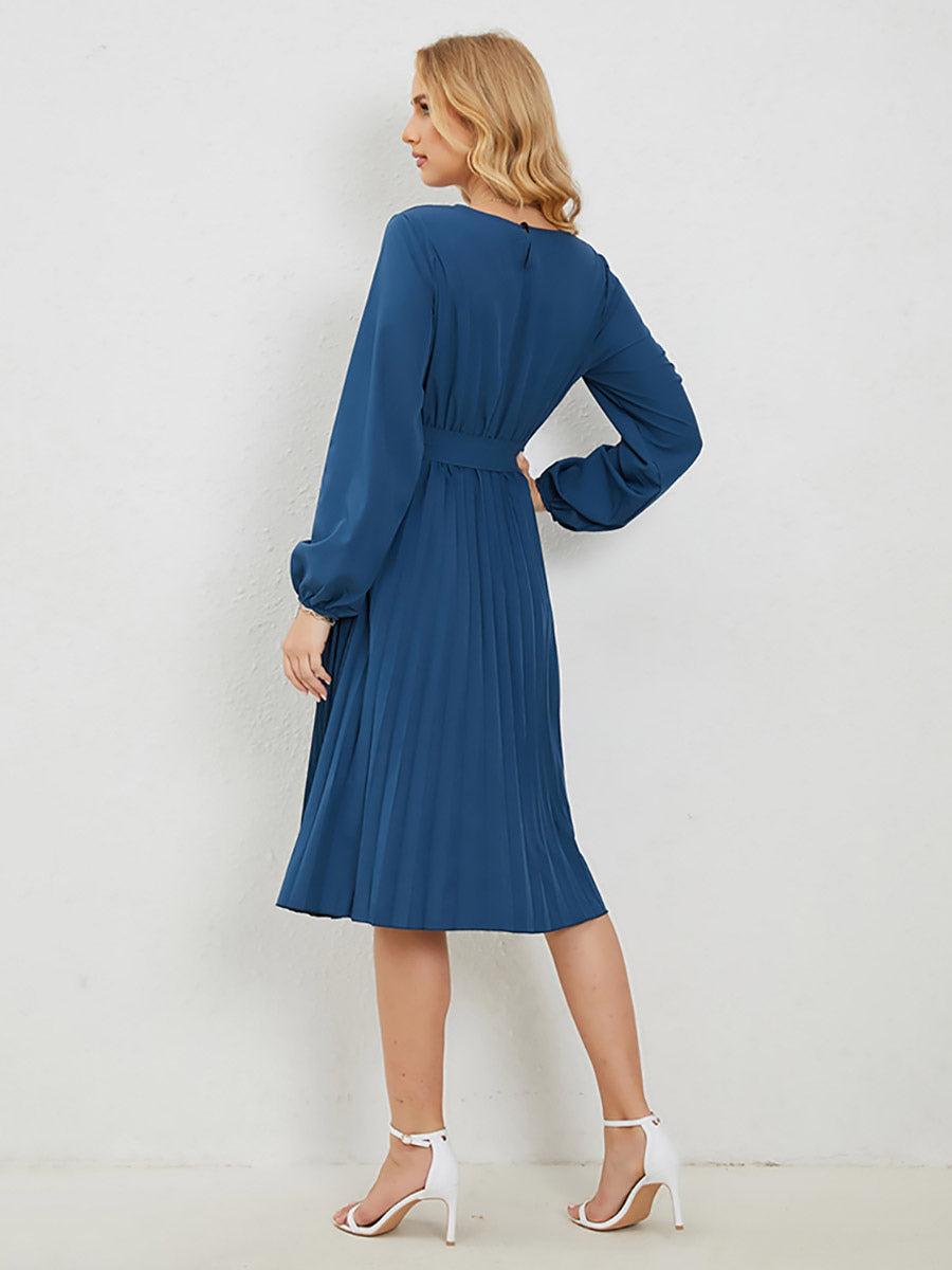 Midi Dresses Jewel Neck Lantern Sleeve Belted Pleated Dress