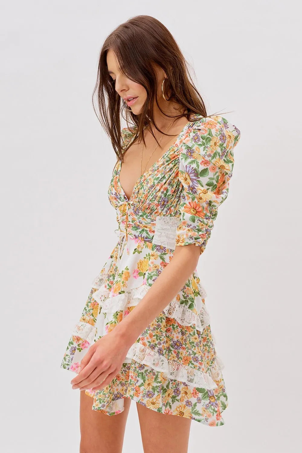 Floral V-Neck Puff Sleeve Ruffle Hem Mini Dress Yellow