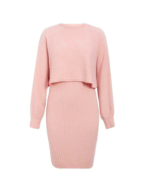 Long Sleeves Solid Color Round-Neck Sweater Top + Inner Dress Two Pieces Set