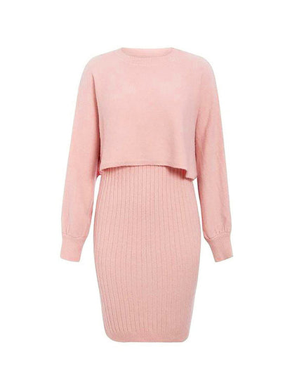 Long Sleeves Solid Color Round-Neck Sweater Top + Inner Dress Two Pieces Set