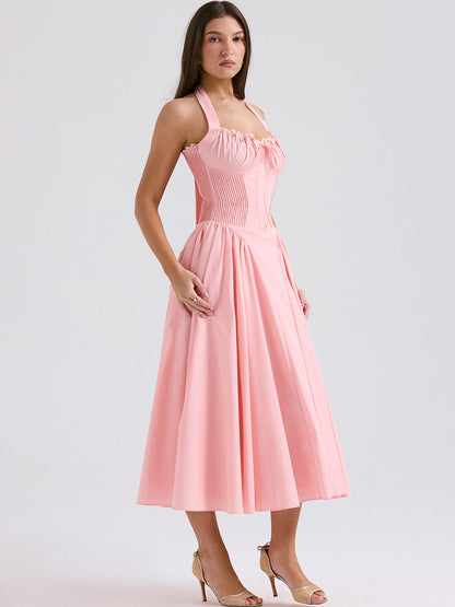 Corset Dress Halter Eyelet trim Lace Up Front Pleated Party Midi Dresses