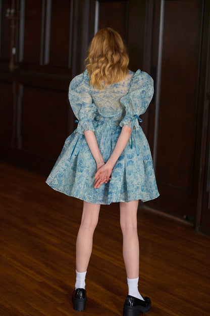 Floral Puff Sleeve Lace Up Doll Collar Mini Dress