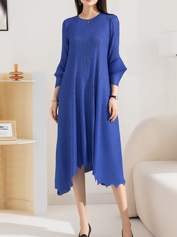Irregular Clipping Loose Pleated Solid Color Round-Neck Midi Dresses