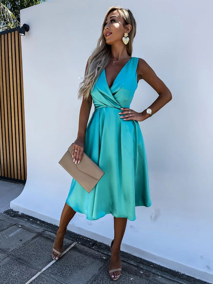 Party Dresses Aqua Sleeveless Semi Formal Midi Dress