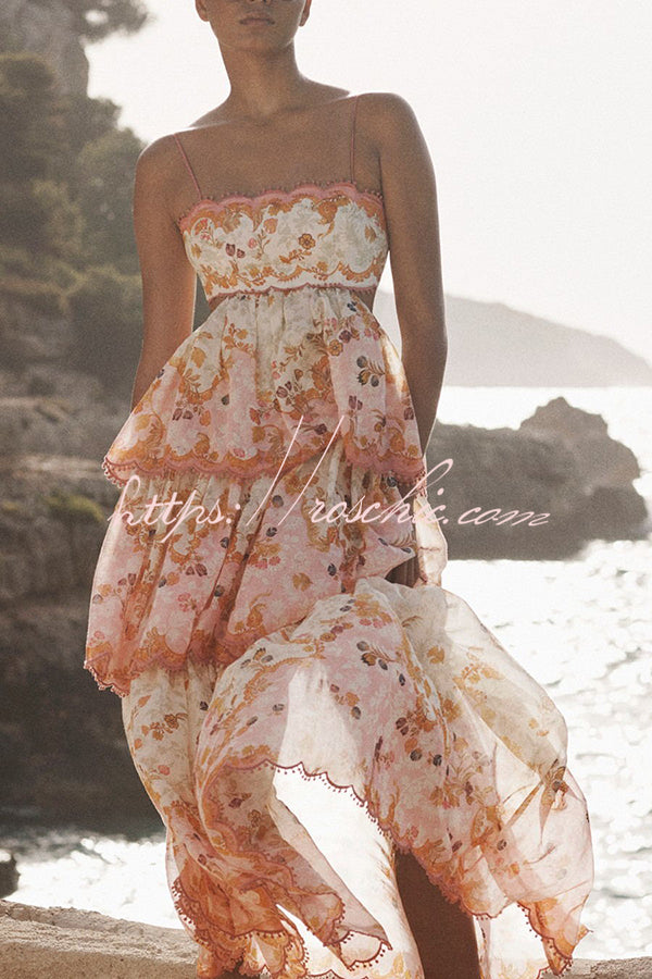 Charming Smile Floral Print Scalloped Lace-trim Back Tie-up Tiered Maxi Dress