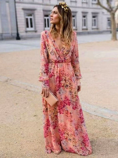 Maxi Dresses Long Sleeves Pink Printed V-Neck   Long Dress