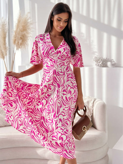 Summer Casual Dress Printed Short Sleeves V-Neck A-Line Midi Dresses