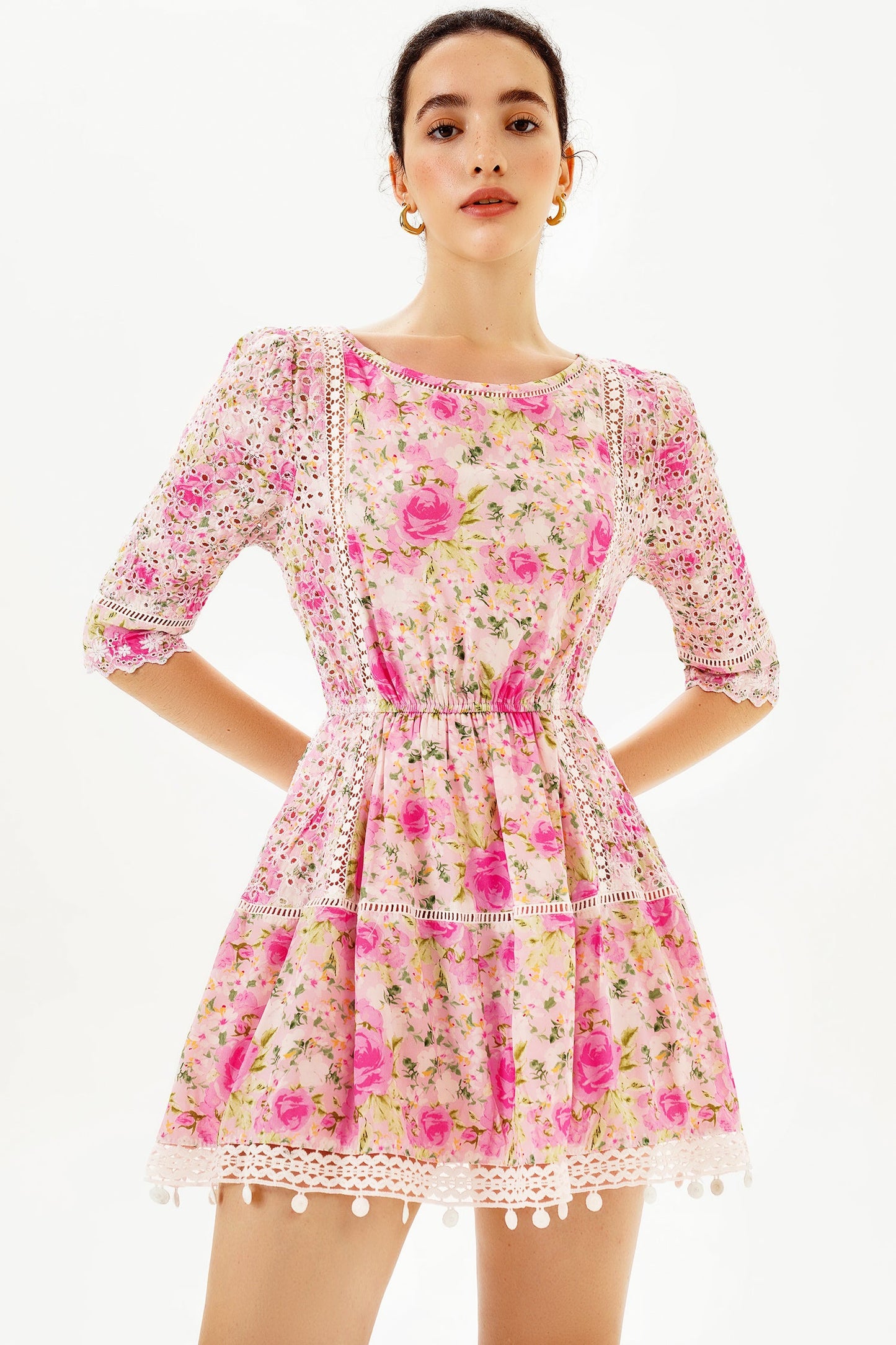 Floral Puff Sleeve Lace Trim Ruffle Mini Dress