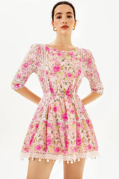Floral Puff Sleeve Lace Trim Ruffle Mini Dress