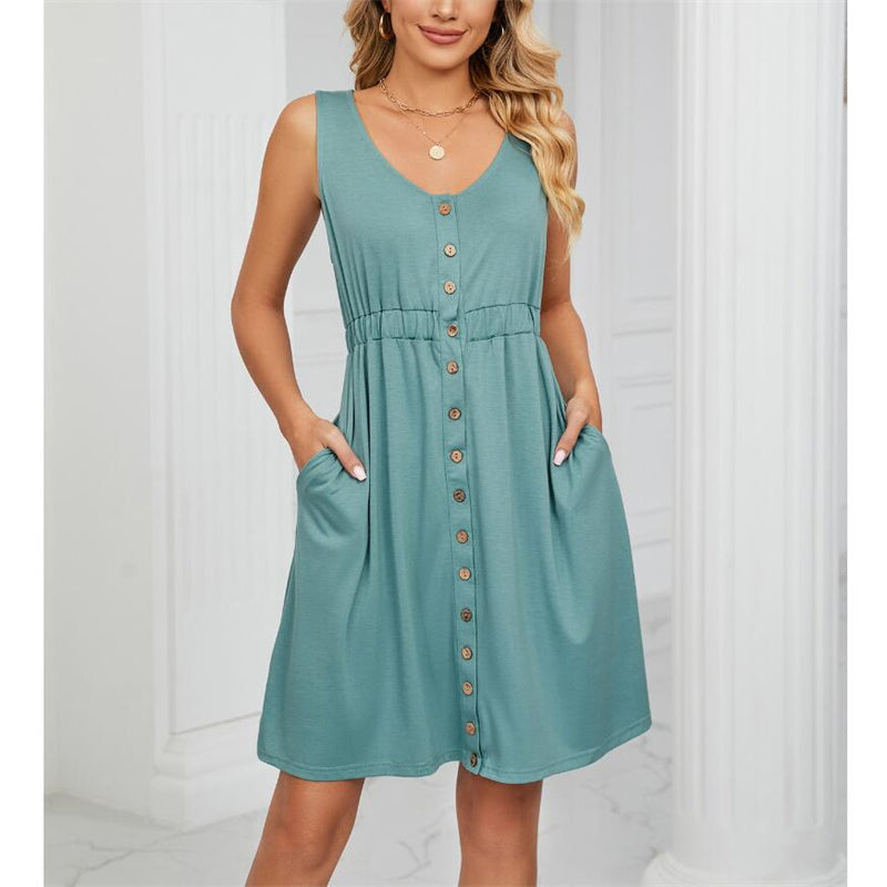 Solid Color Sleeveless Mini Dress with Button Details
