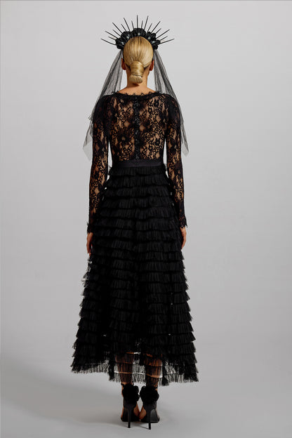 Lace Tiered Long Sleeve Midi Dress