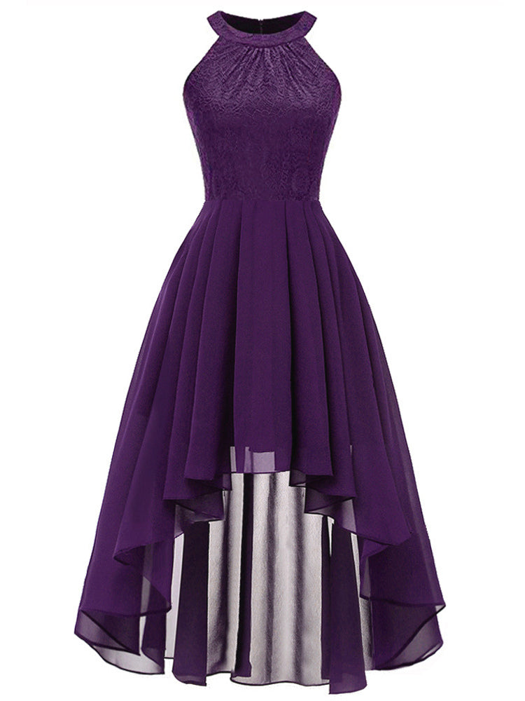 Irregular Dress Chiffon Skirt Lace Bodice High Low Sleeveless Midi Dresses
