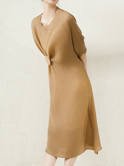 Stylish Irregularity Loose Pleated Solid Color Round-Neck Midi Dresses