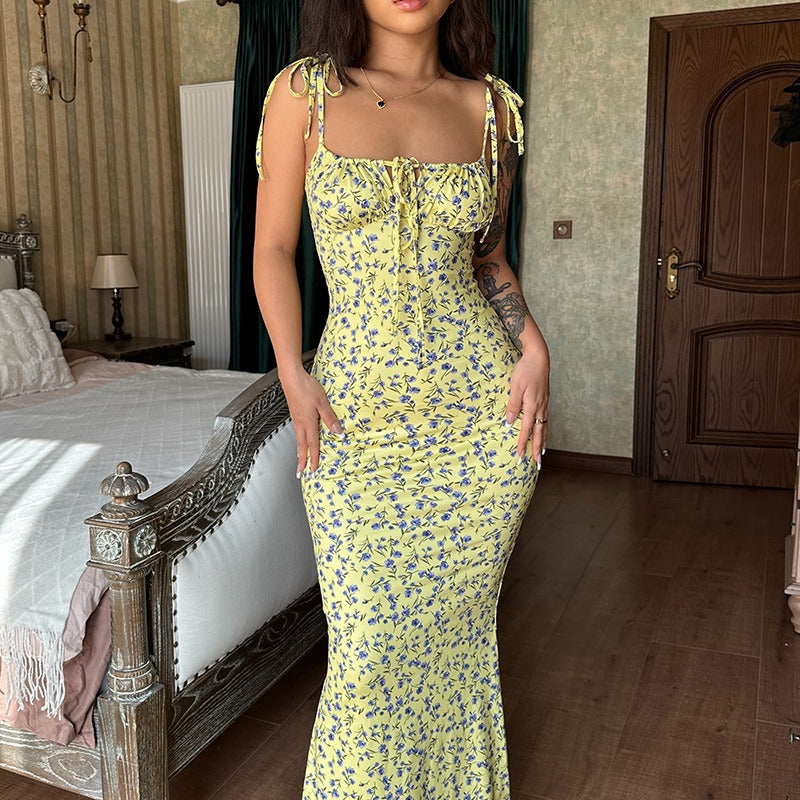 Tie Shoulder Fishtail Hem Floral Print Maxi Dress