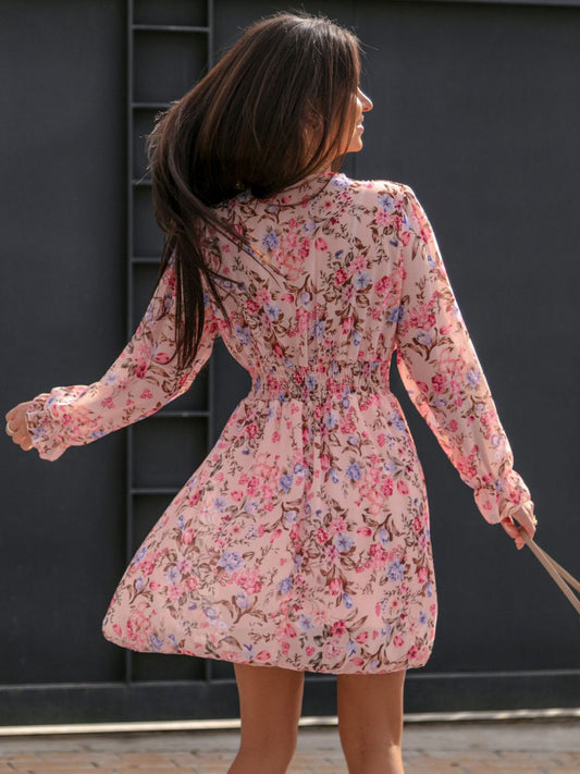 Mini Dresses Pink Floral Print Long Sleeves Short Dress
