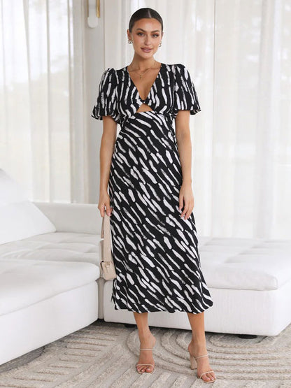 Print Midi Dress Printed Short Sleeves V-Neck Casual Cut Out Medium Summer Dresses